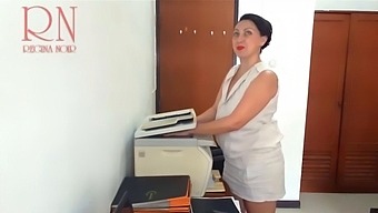 The Secretary Scans Boobs And Pussy On Mfp Security Camera In The Office.