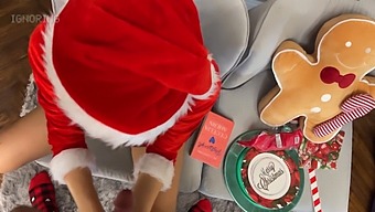 A European Beauty Delivers A Sensual Handjob In A Mini Skirt, Followed By A Seductive Santa Costume And Testicular Play